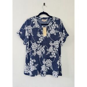 Diana Belle Top Womens XL Blue White Floral Short Sleeve Split V-Neck Blouse NWT